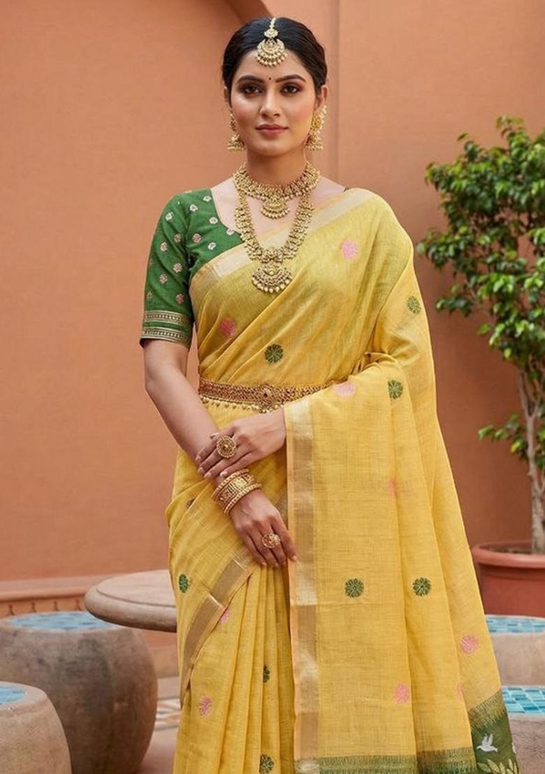 Yellow Printed Cotton Saree Set - Indya