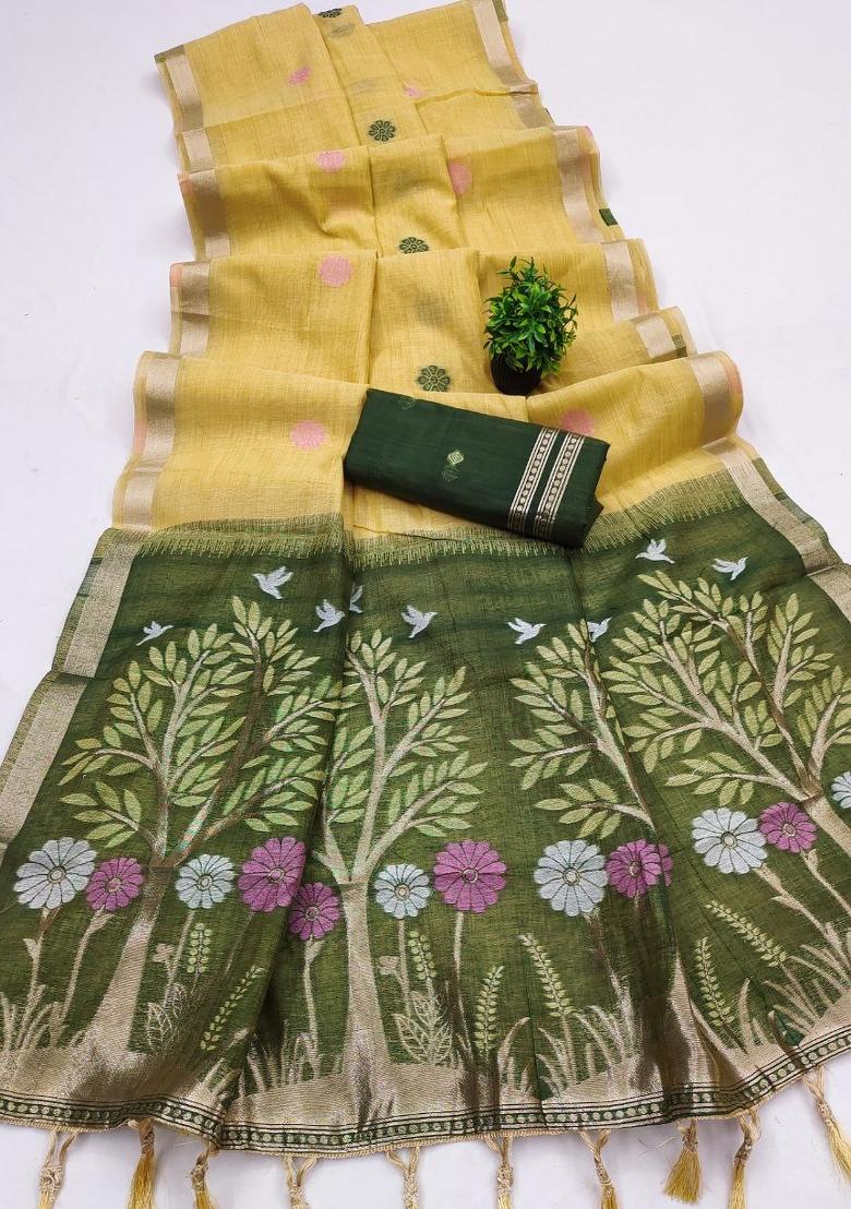 Yellow Printed Cotton Saree Set - Indya