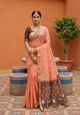 Peach Printed Cotton Saree Set