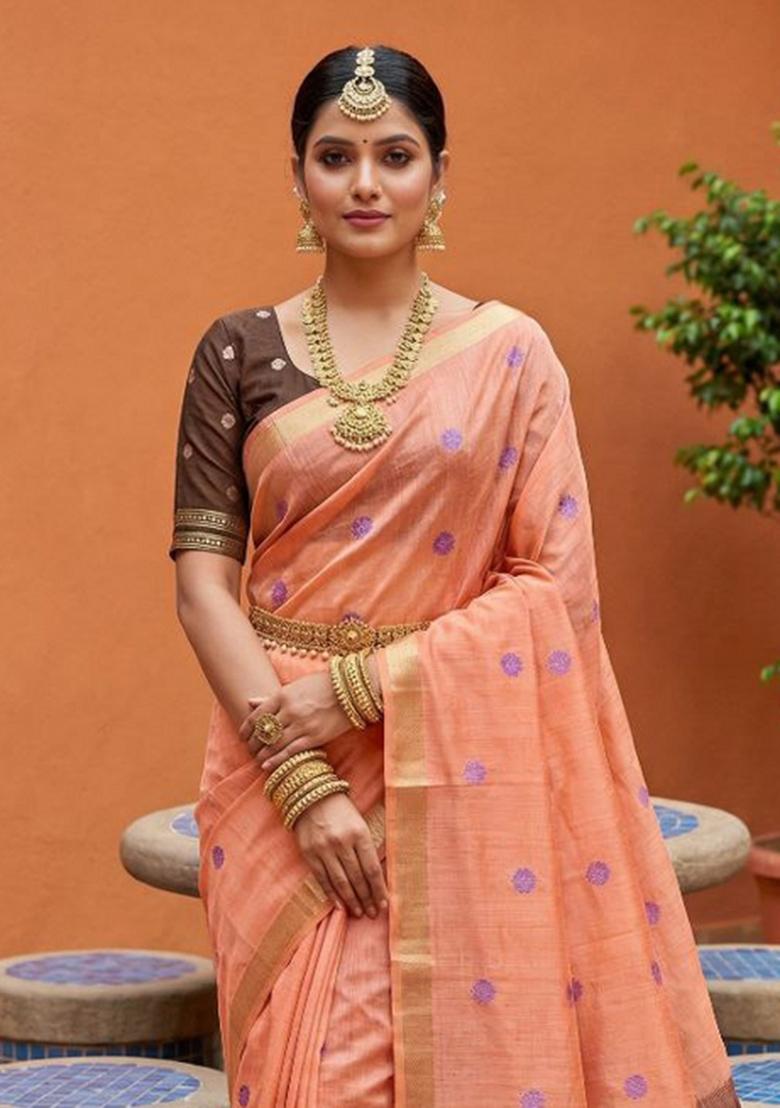 Peach Printed Cotton Saree Set - Indya