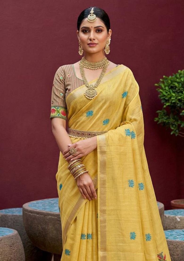 Yellow Printed Cotton Saree Set - Indya