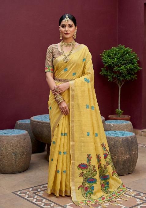 Yellow Printed Cotton Saree Set