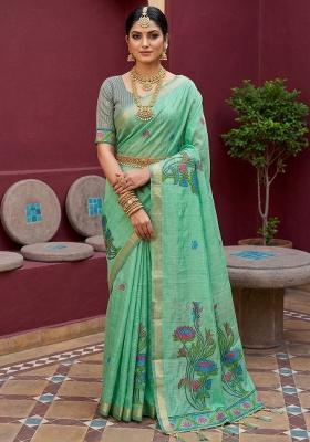 Green Printed Cotton Saree Set