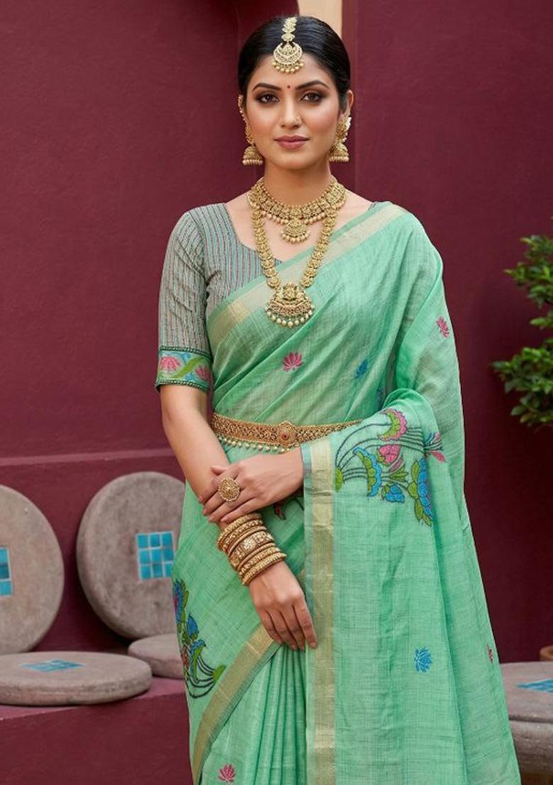 Green Printed Cotton Saree Set - Indya