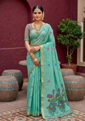 Sea Green Printed Cotton Saree Set