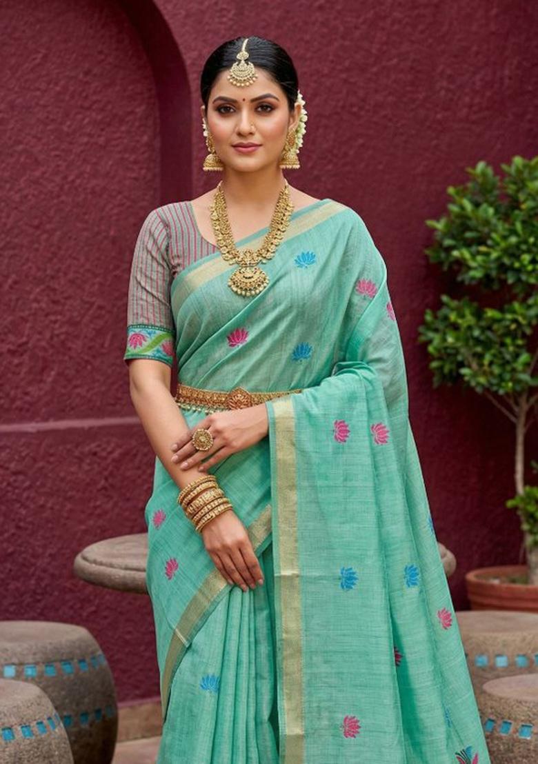 Sea Green Printed Cotton Saree Set - Indya