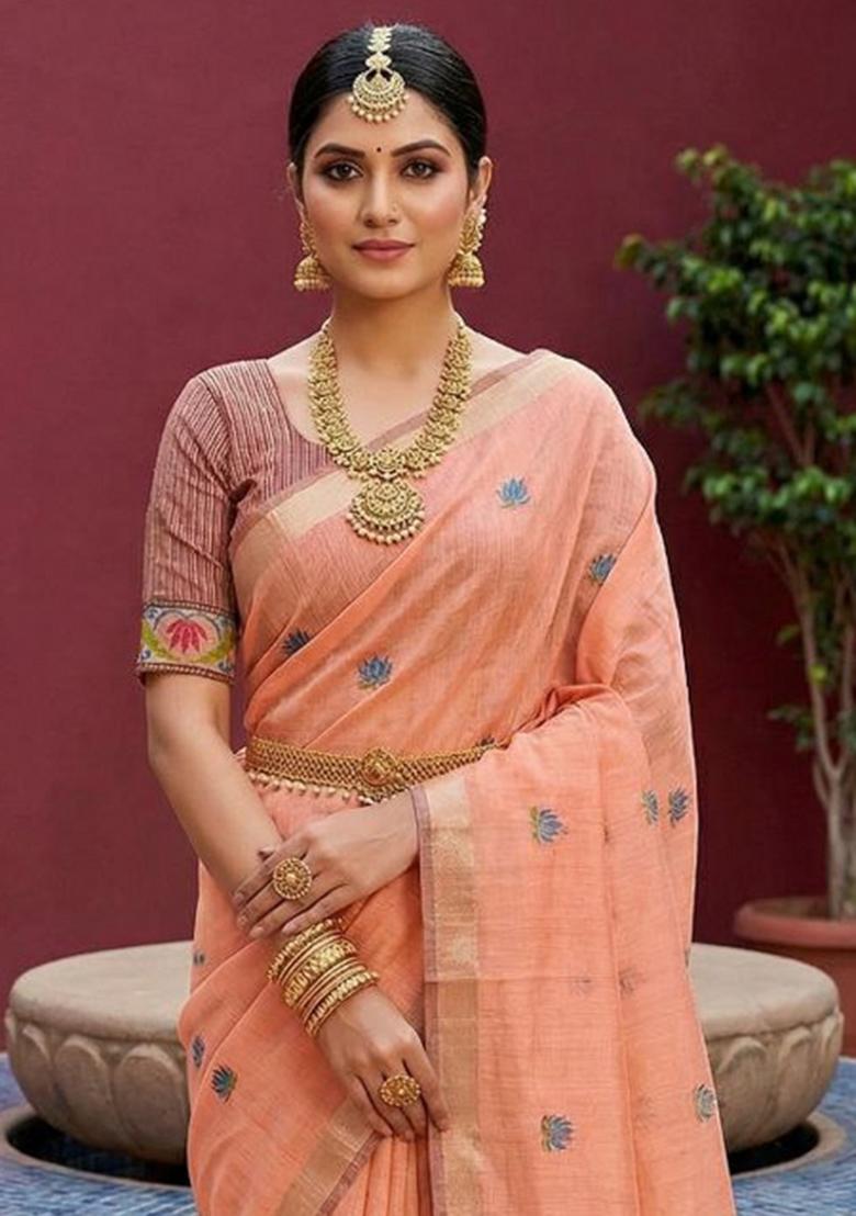 Peach Printed Cotton Saree Set - Indya