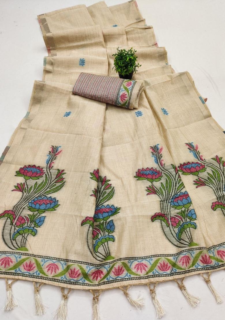 Cream Printed Cotton Saree Set - Indya