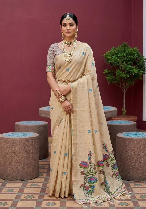 Cream Printed Cotton Saree Set