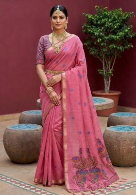 Pink Printed Cotton Saree Set