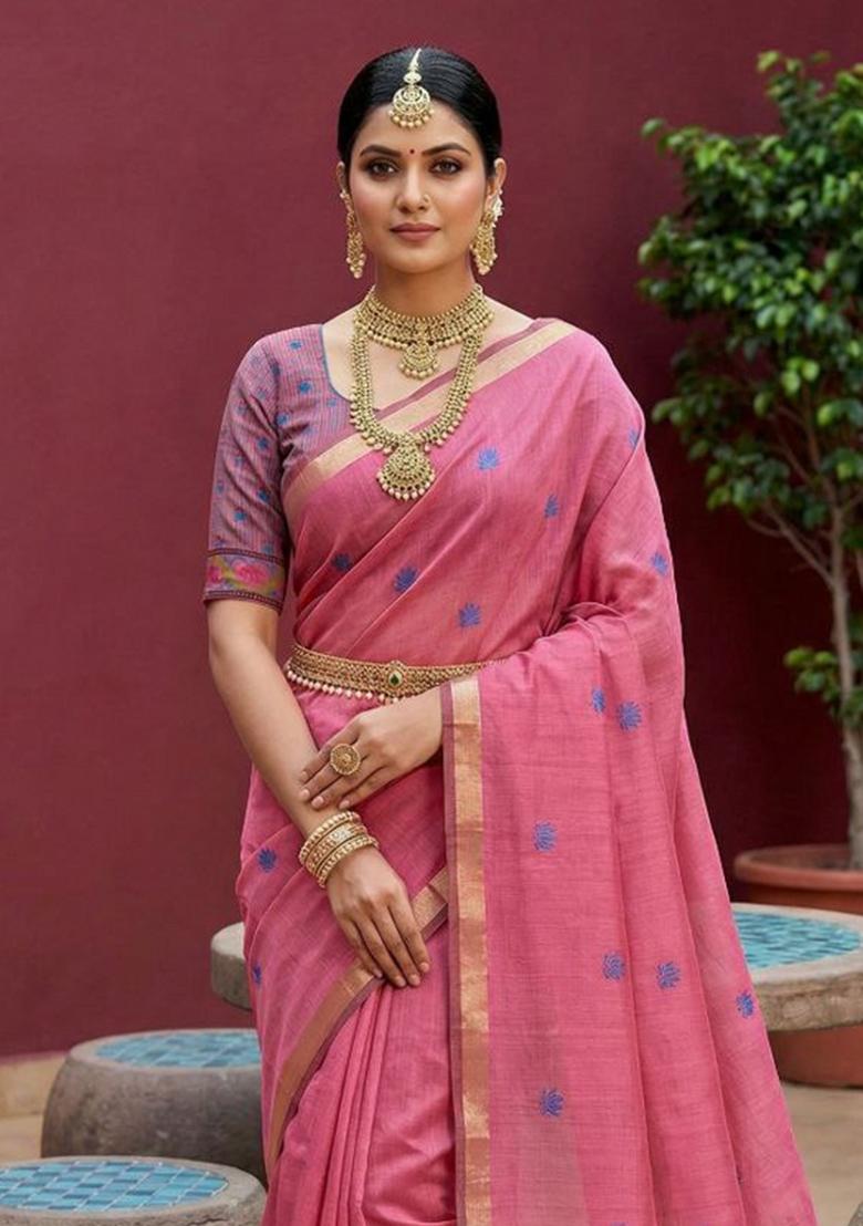 Pink Printed Cotton Saree Set - Indya