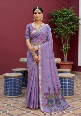 Lavender Printed Cotton Saree Set
