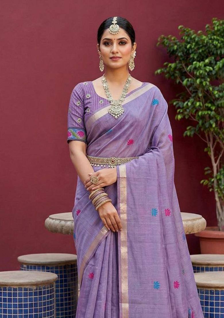 Lavender Printed Cotton Saree Set - Indya