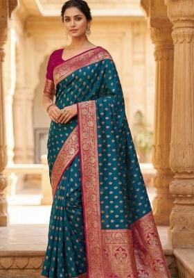 Teal Zari Work Banarasi Saree Set