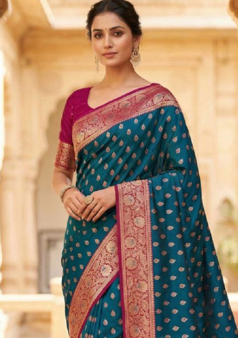 Teal Zari Work Banarasi Saree Set - Indya