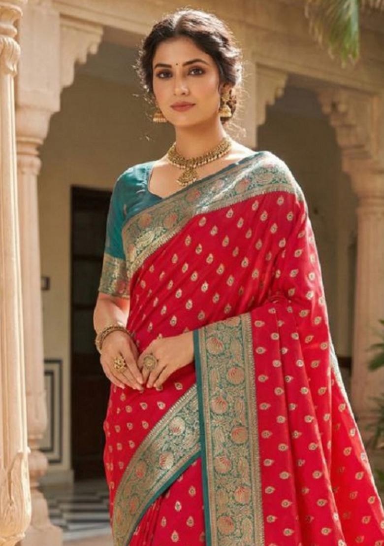 Pink Zari Work Banarasi Saree Set - Indya