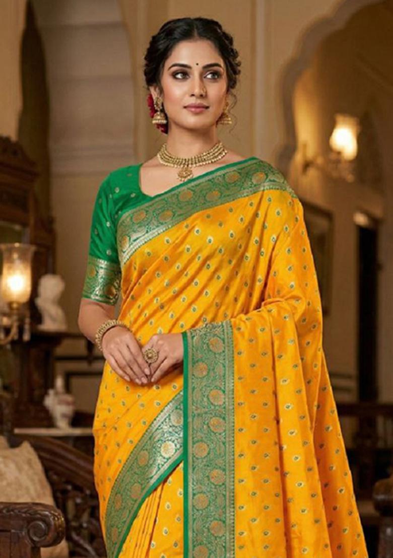 Yellow Zari Work Banarasi Saree Set - Indya