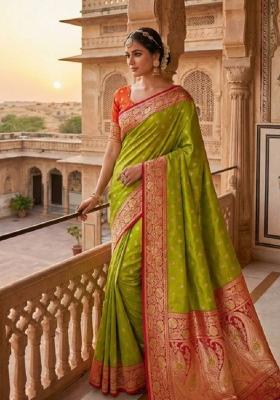 Parrot Green Zari Work Banarasi Saree Set
