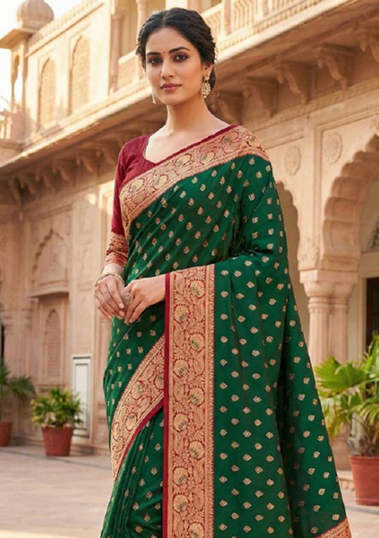 Green Zari Work Banarasi Saree Set - Indya