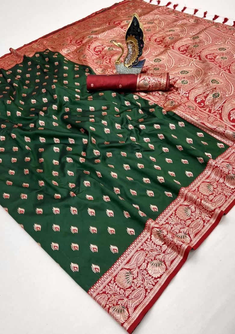 Green Zari Work Banarasi Saree Set - Indya