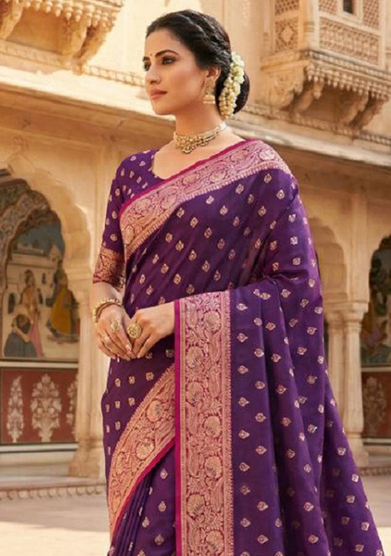 Wine Zari Work Banarasi Saree Set - Indya