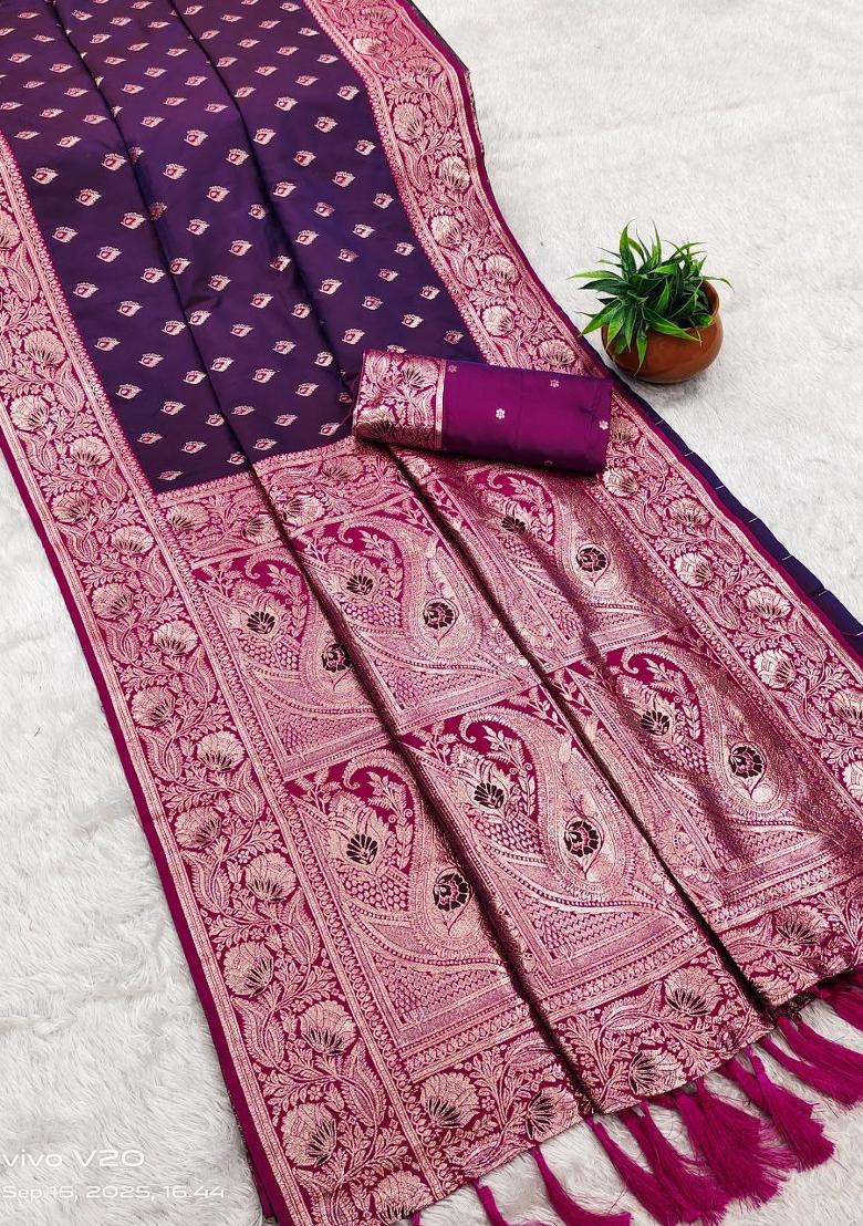 Wine Zari Work Banarasi Saree Set - Indya