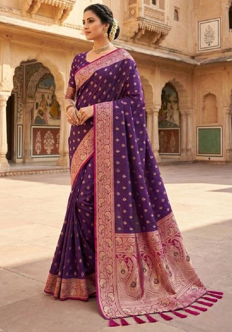 Wine Zari Work Banarasi Saree Set