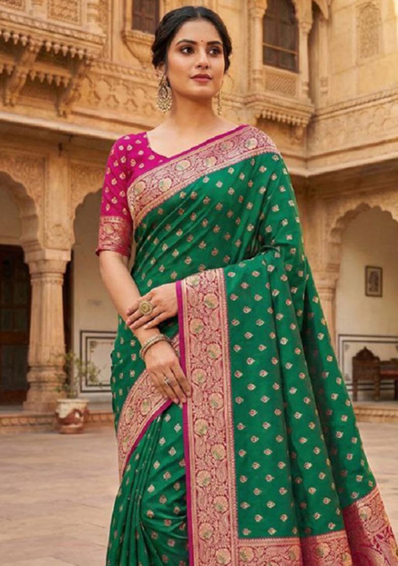 Sea Green Zari Work Banarasi Saree Set - Indya