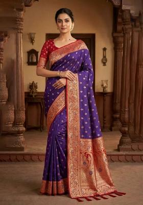 Violet Zari Work Banarasi Saree Set