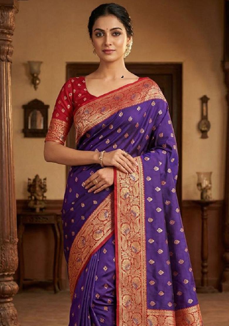 Violet Zari Work Banarasi Saree Set - Indya