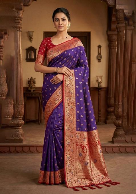 Violet Zari Work Banarasi Saree Set