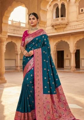 Teal Zari Work Banarasi Saree Set