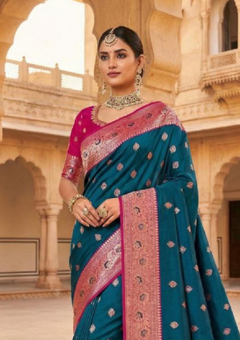 Teal Zari Work Banarasi Saree Set - Indya