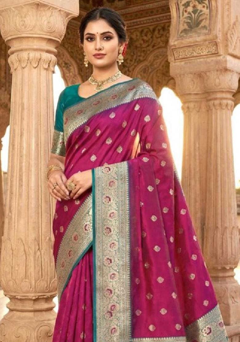 Pink Zari Work Banarasi Saree Set - Indya