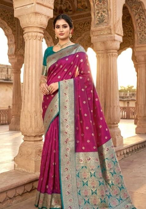Pink Zari Work Banarasi Saree Set