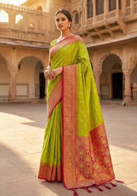 Parrot Green Zari Work Banarasi Saree Set