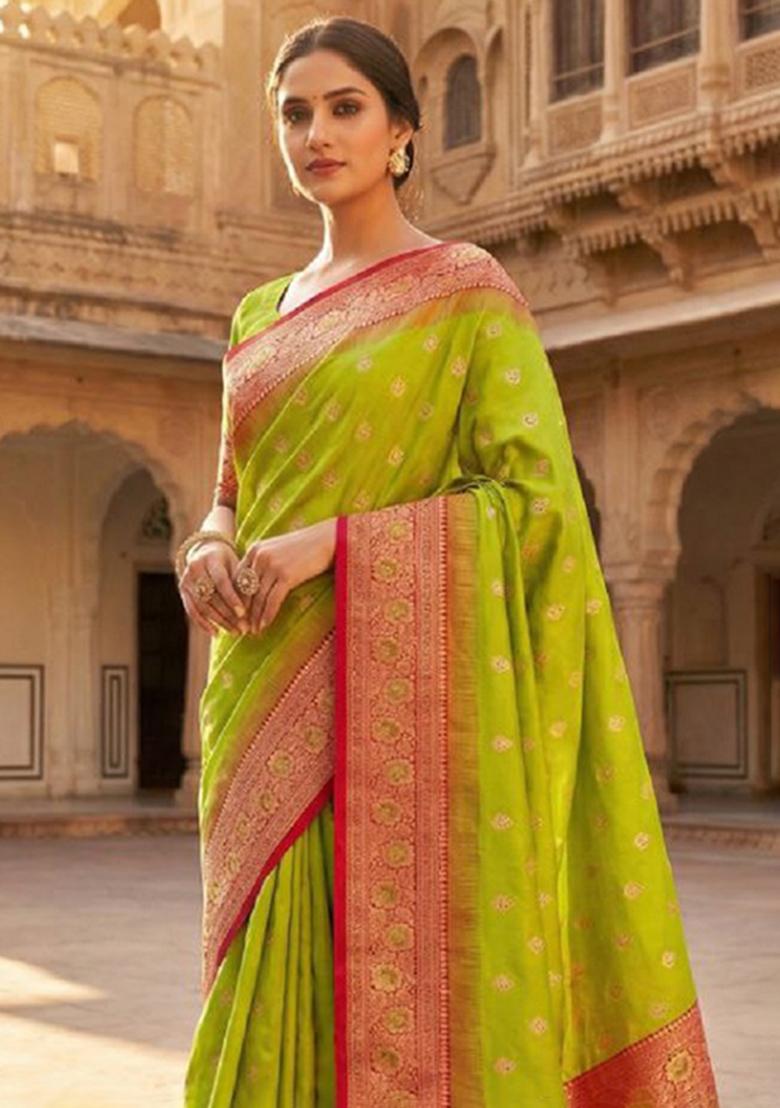 Parrot Green Zari Work Banarasi Saree Set - Indya
