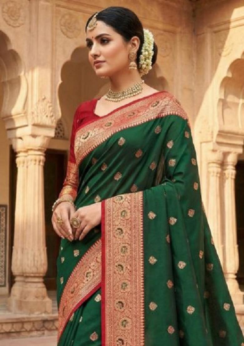 Green Zari Work Banarasi Saree Set - Indya