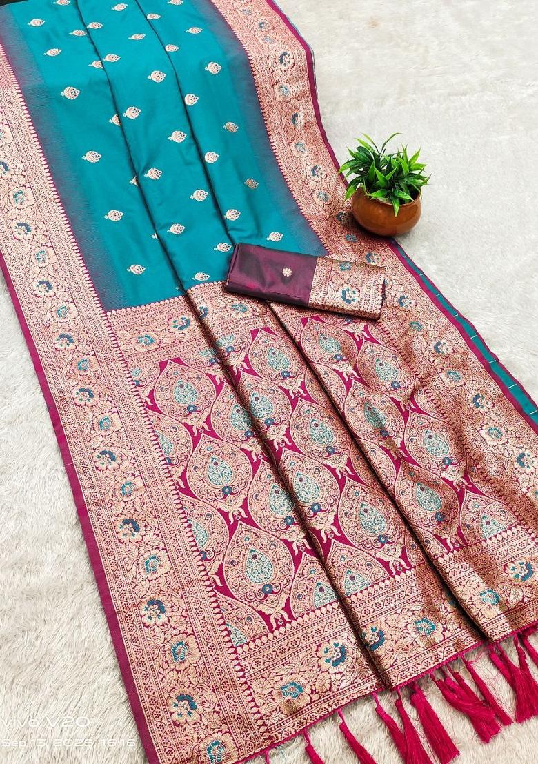 Sea Green Zari Work Banarasi Saree Set - Indya