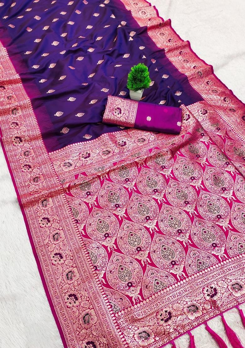 Violet Zari Work Banarasi Saree Set - Indya