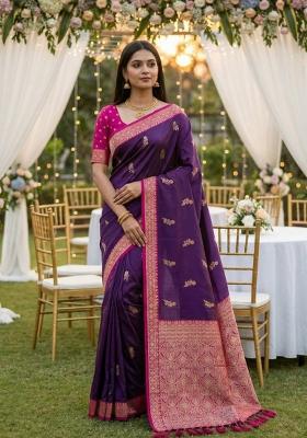 Purple Zari Work Banarasi Saree Set