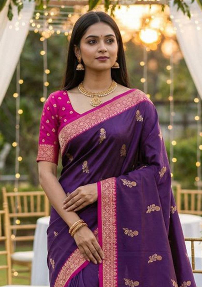 Purple Zari Work Banarasi Saree Set - Indya