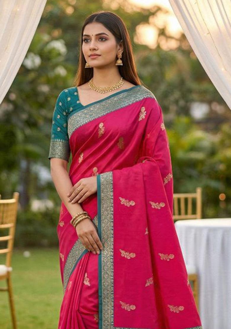Pink Zari Work Banarasi Saree Set - Indya