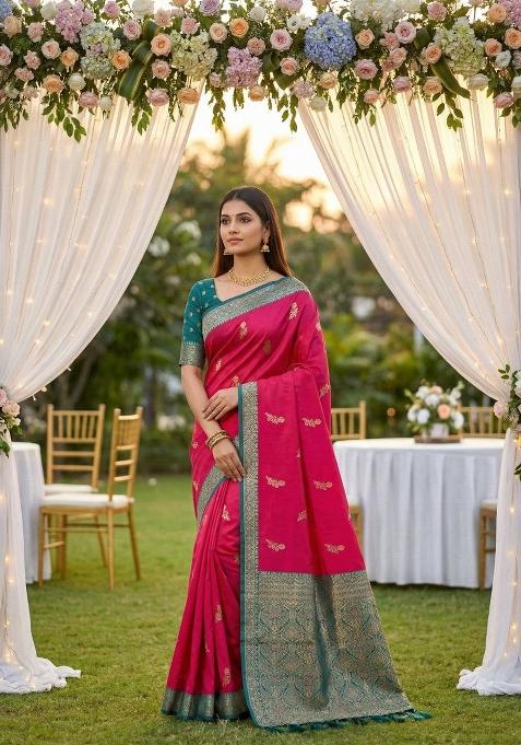 Pink Zari Work Banarasi Saree Set