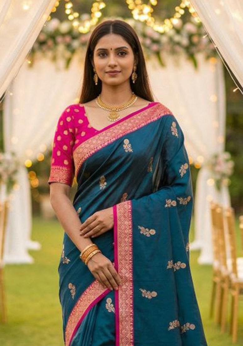 Teal Zari Work Banarasi Saree Set - Indya