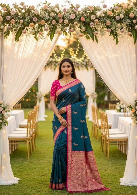 Teal Zari Work Banarasi Saree Set