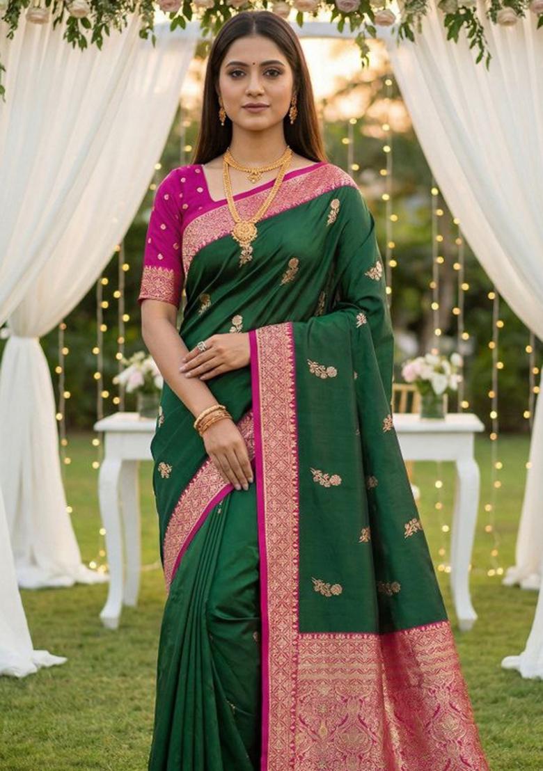 Green Zari Work Banarasi Saree Set - Indya