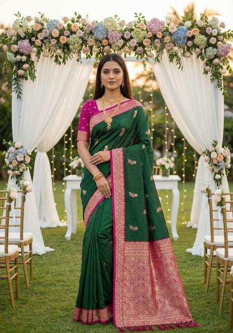 Green Zari Work Banarasi Saree Set