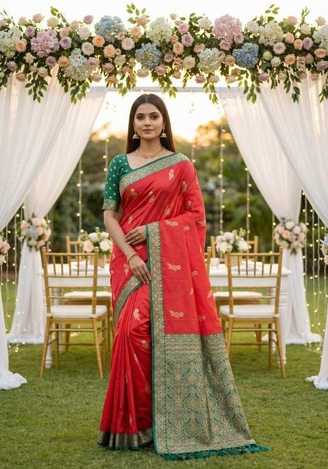 Pink Zari Work Banarasi Saree Set