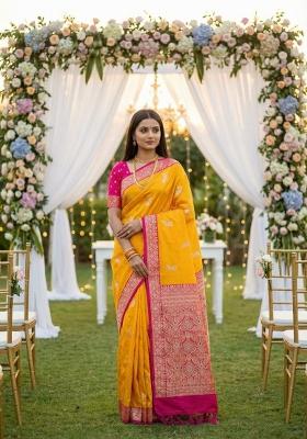 Yellow Zari Work Banarasi Saree Set